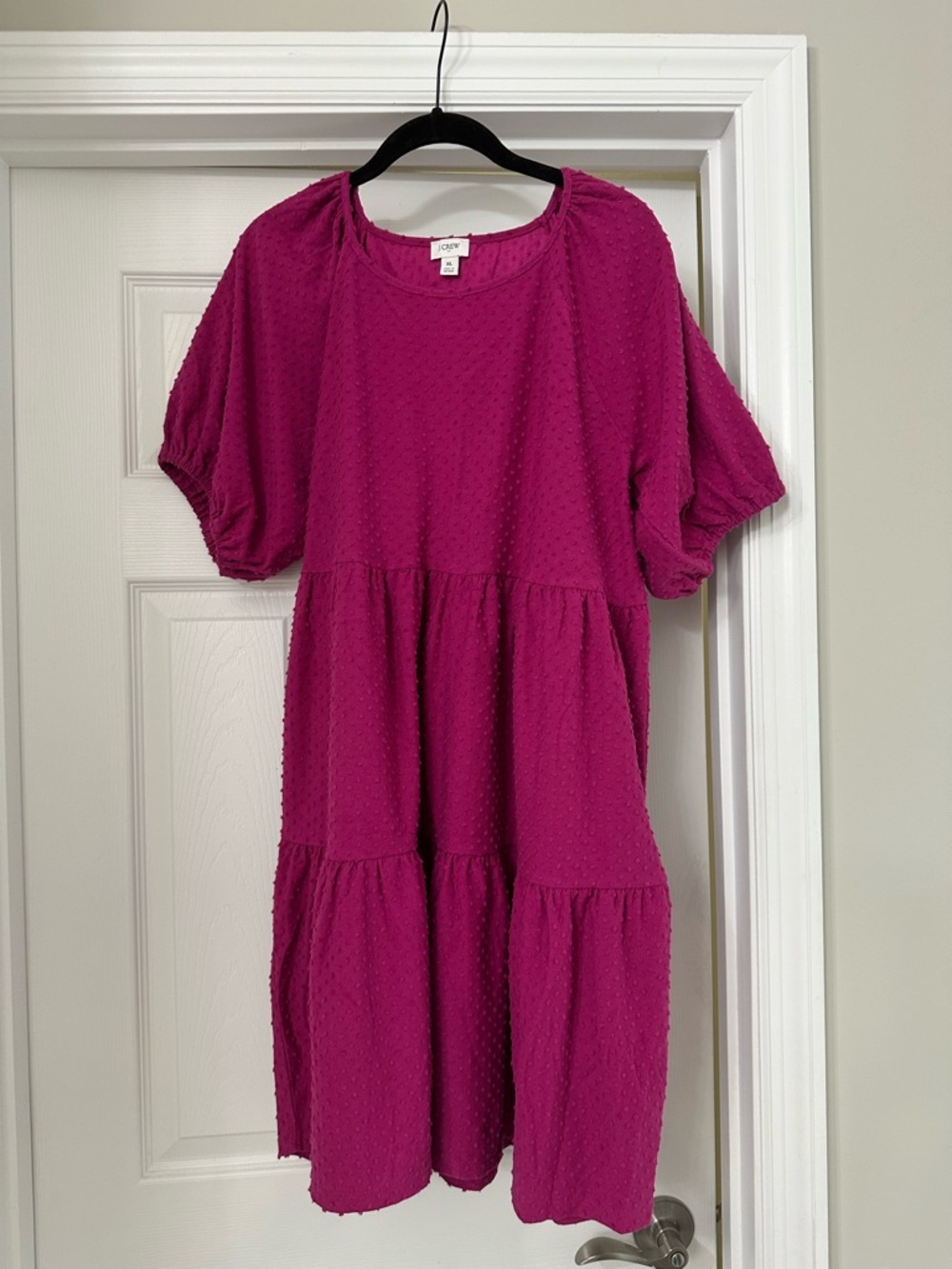 J. Crew Magenta Tiered Textured Short Sleeve Dress